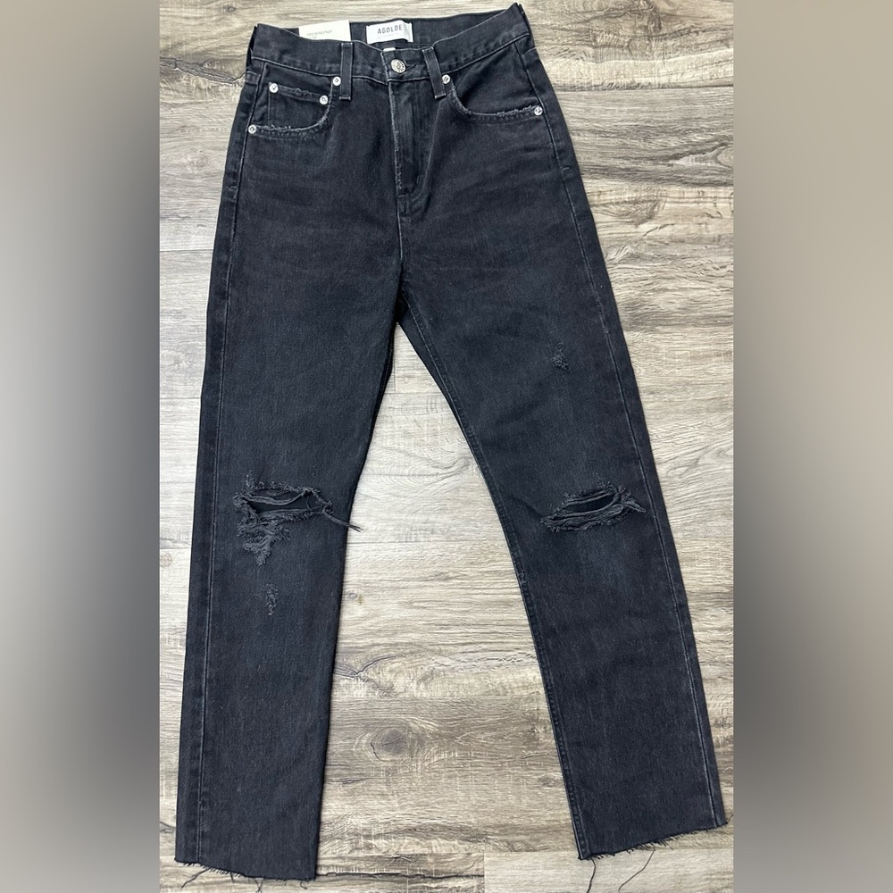 AGOLDE Cherie High Rise Straight Jeans Black Distressed Raw Hem Size 23 NWT
